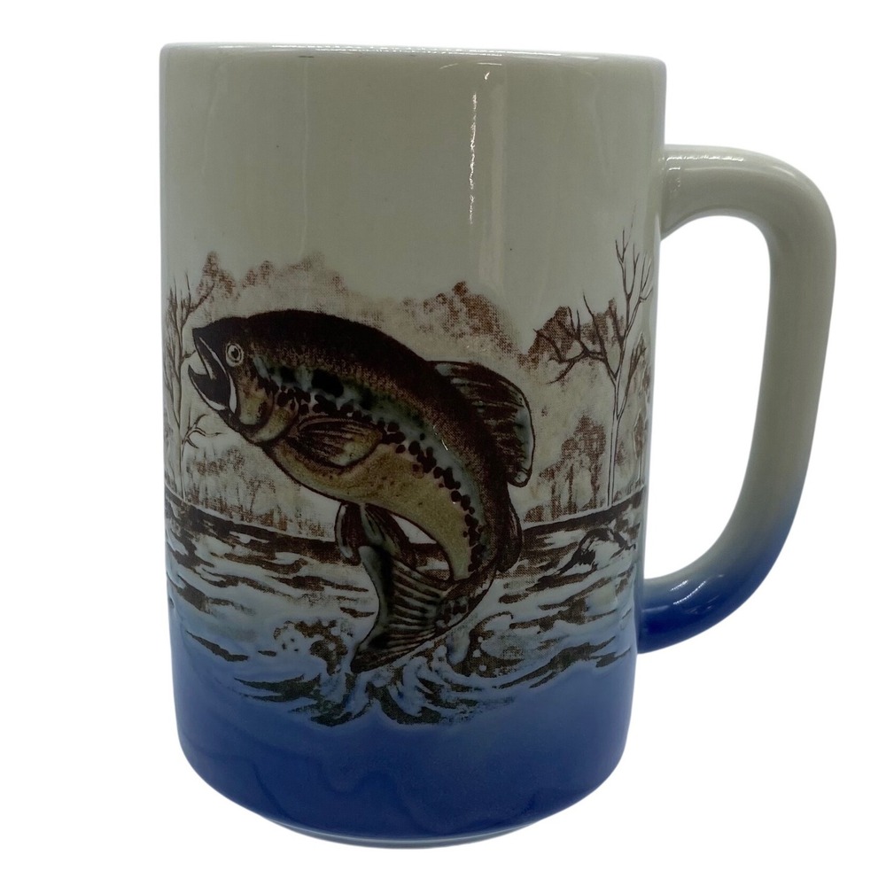 Otagiri Jumping Large Mouth Bass Coffee Mug Vintage Japan Stoneware Blue Cream